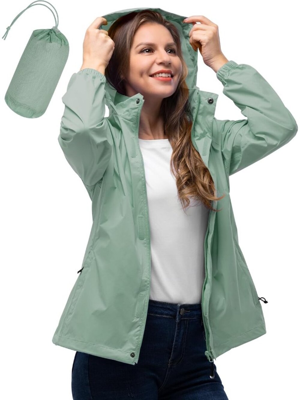 〽️Women's Lightweight Light Green Hooded Rain Jacket Packable Waterproof Windbre